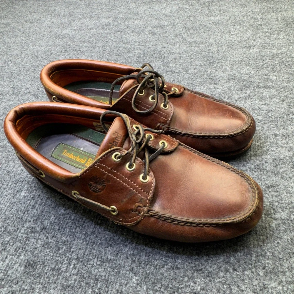 Vintage Timberland 3 Eye Lug Boat Shoes Mens 11 M Brown Leather Moc Toe 32015